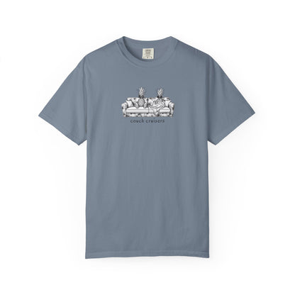 Couch Cruisers graphic Comfort Colors tee in blue with pineapple couch design