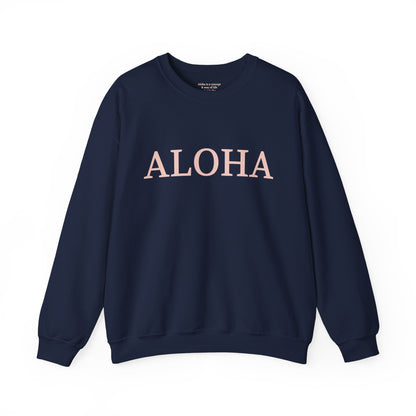 Navy sweatshirt with text 'ALOHA' in light pink