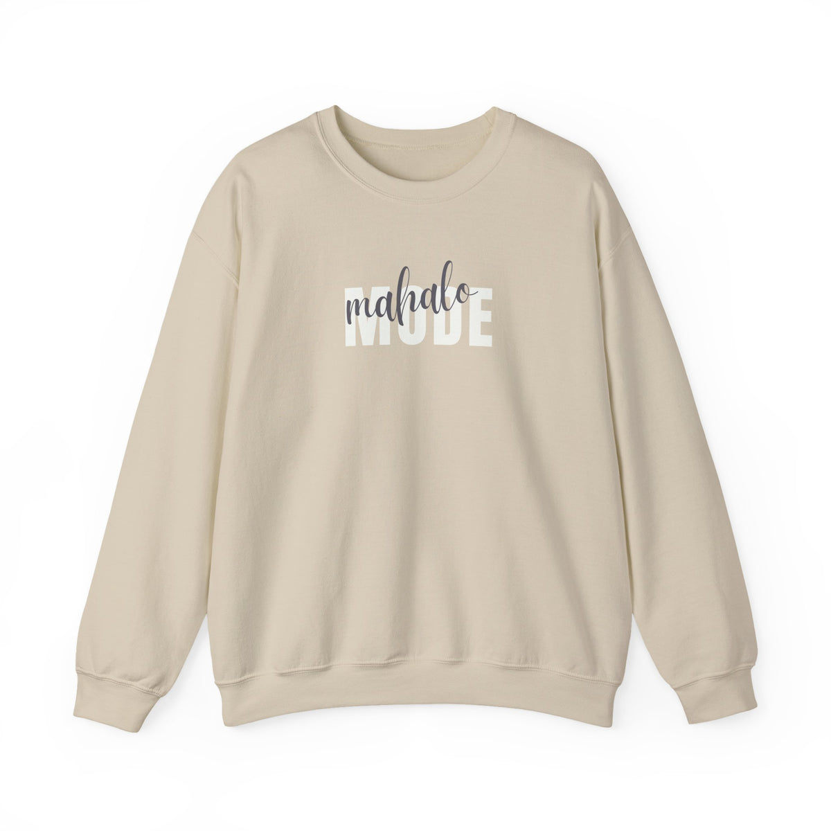 A beige crewneck sweatshirt with 'mahalo MODE' printed across the chest, featuring 'mahalo' in a dark gray script font and 'MODE' in a white block font, displayed on a clean white background.