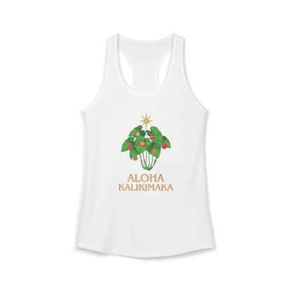 White women’s racerback Christmas tank featuring a festive kalo leaf Christmas tree and Aloha Kalikimaka design.