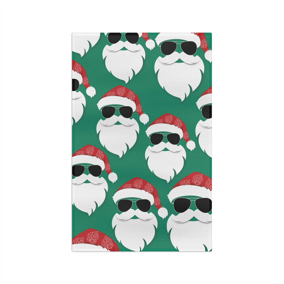 Cool Santa Aloha Kalikimaka kitchen towel with sunglasses Santa, tropical greenery and Christmas ornaments