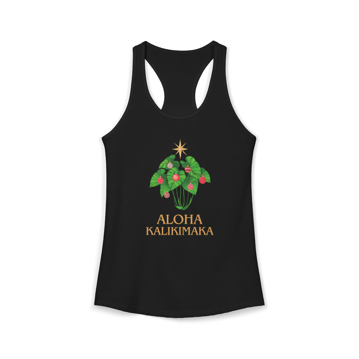 Black women’s racerback Christmas tank featuring a festive kalo leaf Christmas tree and Aloha Kalikimaka design.