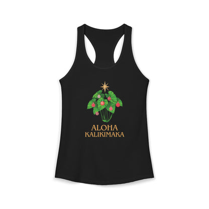 Black women’s racerback Christmas tank featuring a festive kalo leaf Christmas tree and Aloha Kalikimaka design.