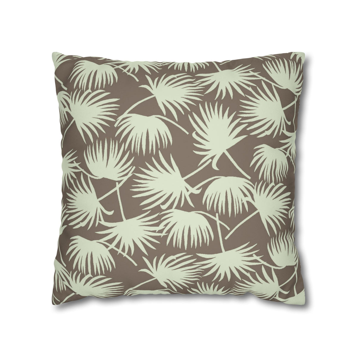 A square throw pillow featuring a repeating palm leaf pattern in sage green on a warm taupe-brown background, shown against a plain white studio background.