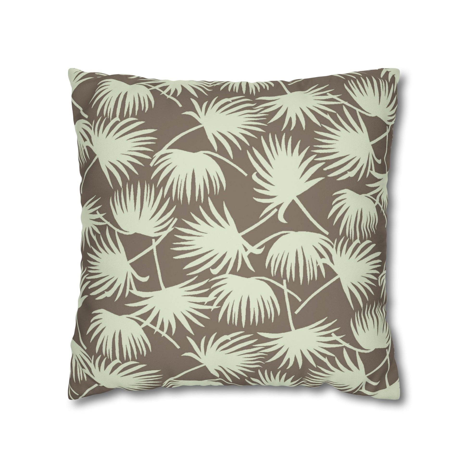A square throw pillow featuring a repeating palm leaf pattern in sage green on a warm taupe-brown background, shown against a plain white studio background.