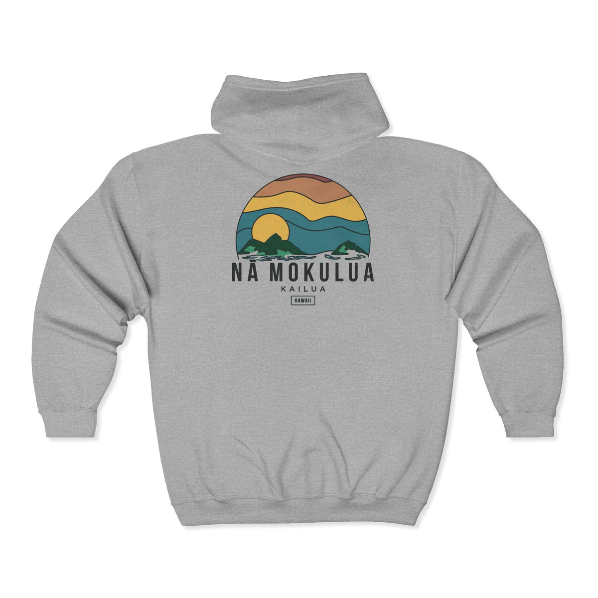Back of grey Nā Mokulua Kailua zip hoodie with large retro Mokulua Islands sunset graphic