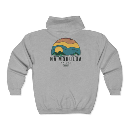 Back of grey Nā Mokulua Kailua zip hoodie with large retro Mokulua Islands sunset graphic