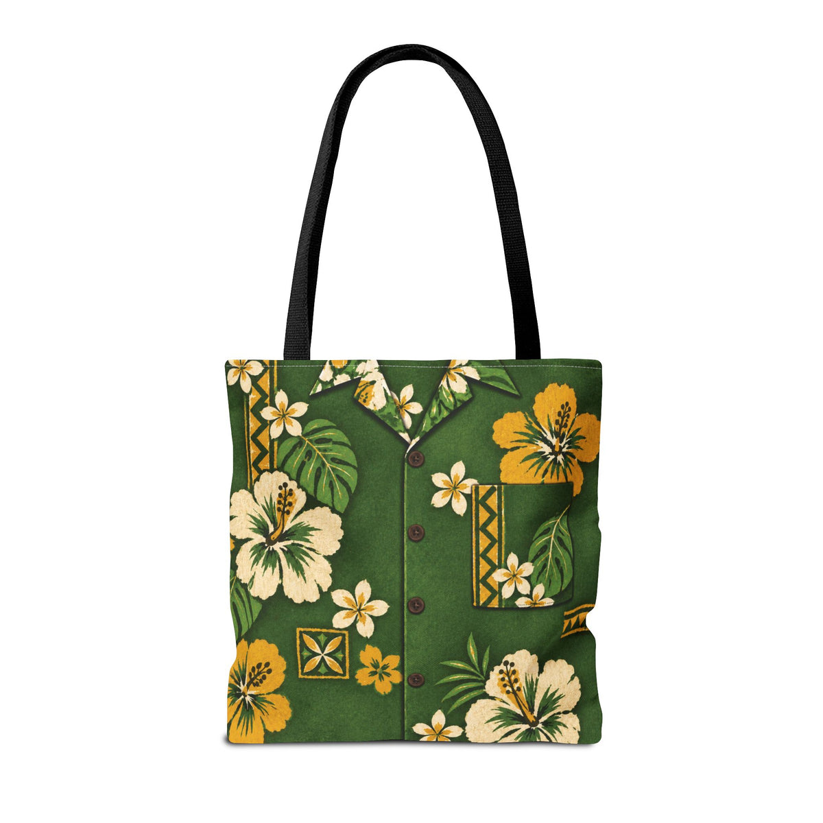 A green tote bag featuring a Hawaiian shirt-inspired print with yellow and white hibiscus flowers, green leaves, and brown buttons, complete with black shoulder straps, shown against a plain white background.
