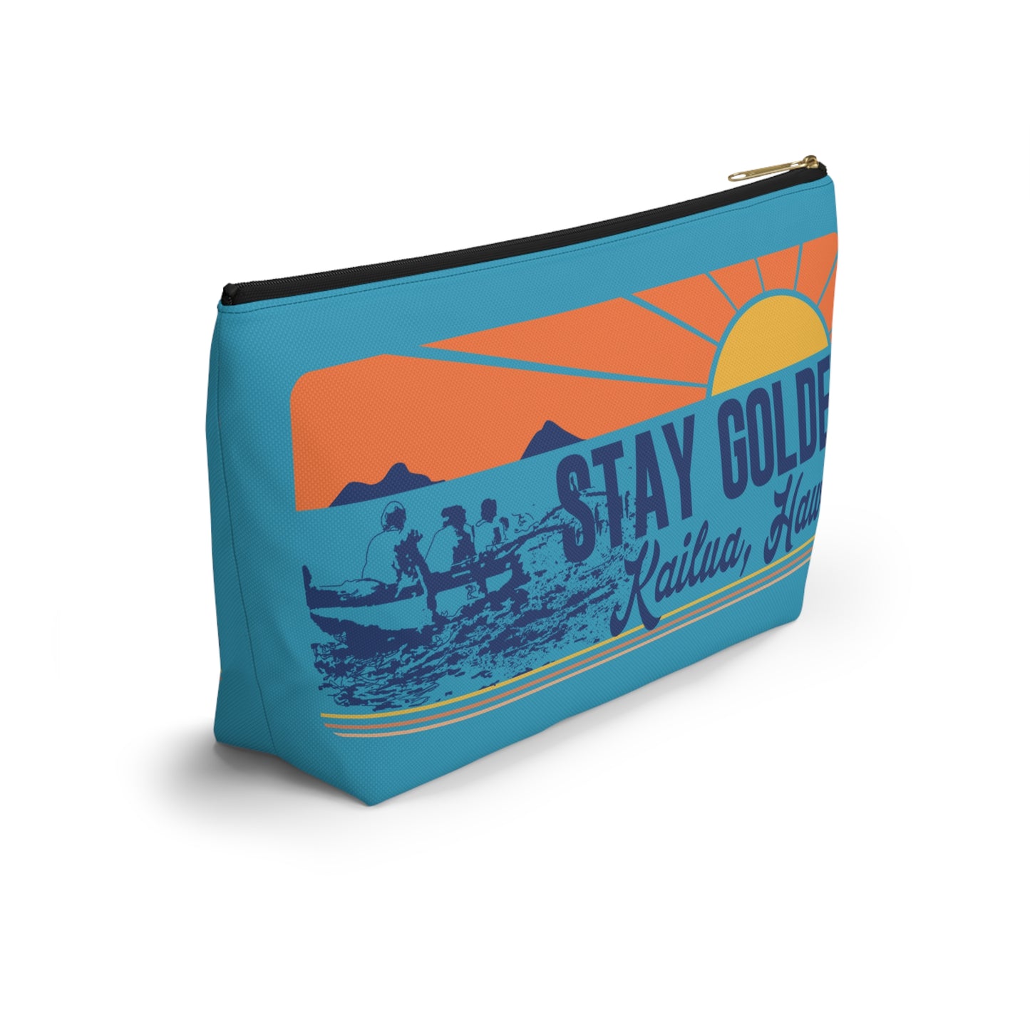 A rectangular zip pouch with a retro sunset graphic on a turquoise background. The design features an orange and yellow sun, mountains, a rowboat with two people, and the text 'STAY GOLDEN' and 'Kailua, Hawaii'.