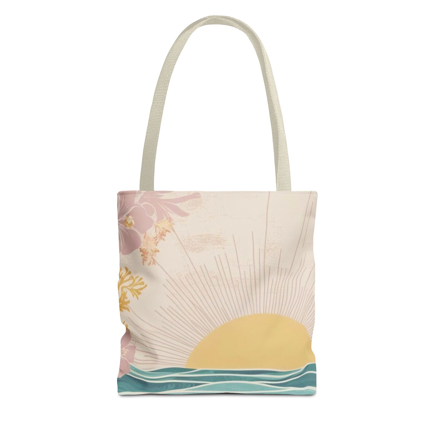 A canvas tote bag with a retro-style tropical sunset print, featuring a yellow sun, pink flowers, and teal ocean waves on a cream background, with light beige shoulder straps.