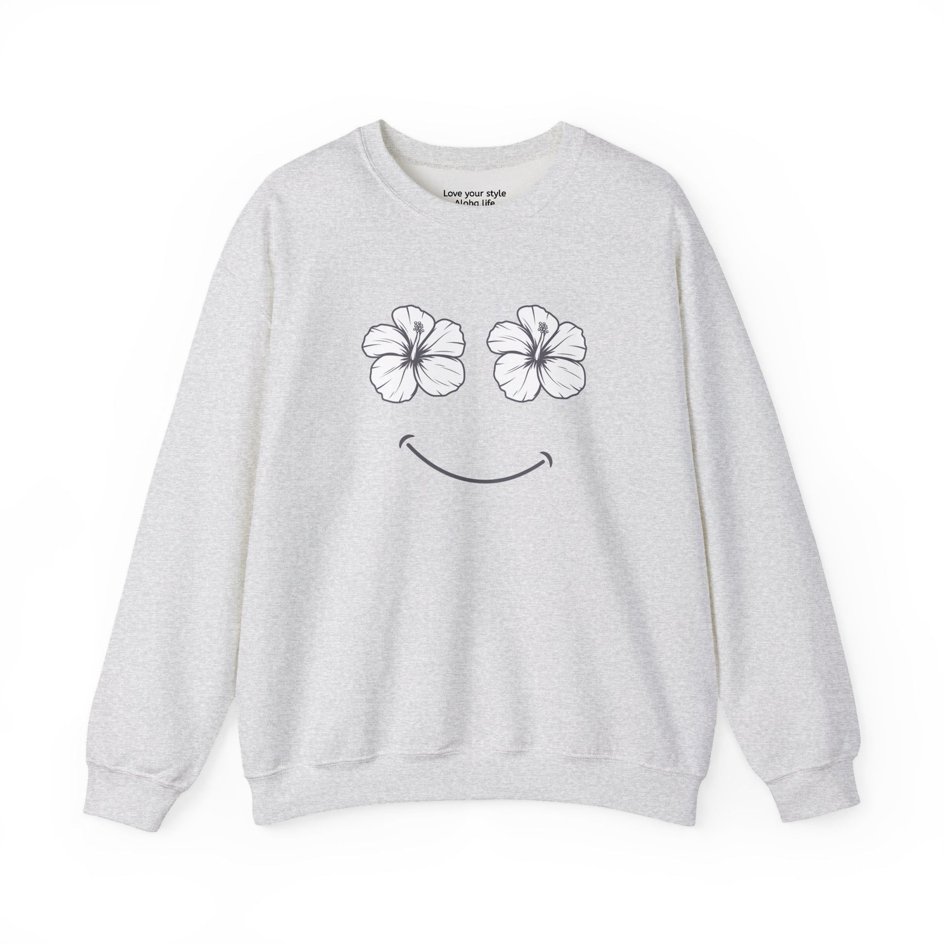 Gray sweatshirt with a hibiscus happy face design on a white background