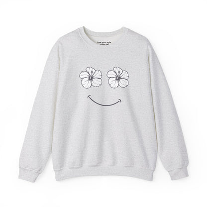 Gray sweatshirt with a hibiscus happy face design on a white background