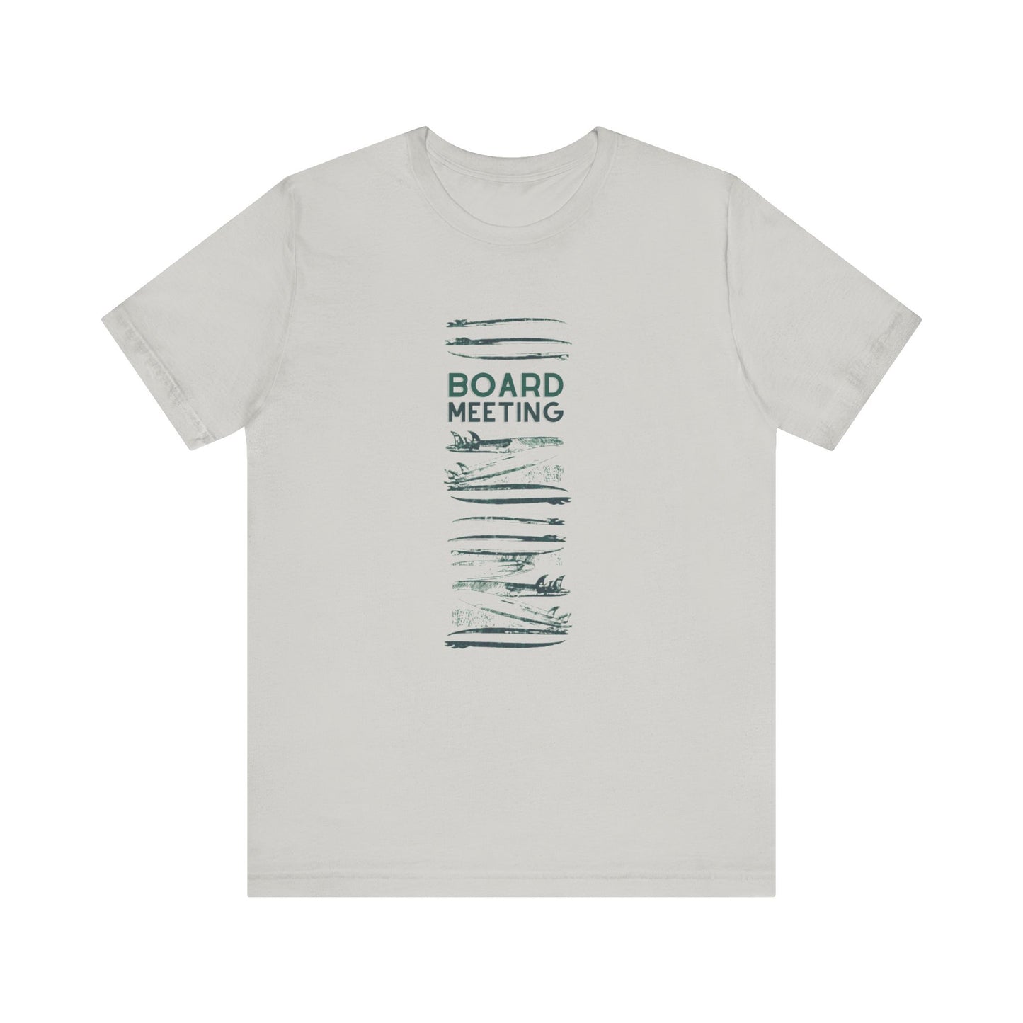 A light gray crewneck t-shirt with a dark green graphic on the front featuring the text 'BOARD MEETING' surrounded by horizontal surfboard patterns.