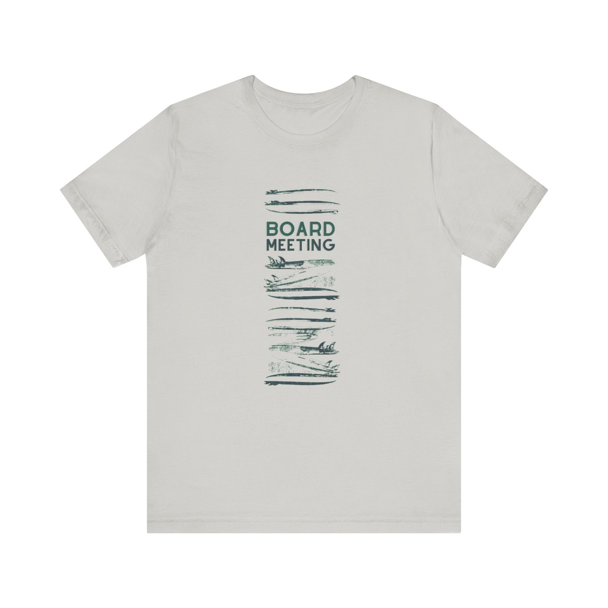 A light gray crewneck t-shirt with a dark green graphic on the front featuring the text 'BOARD MEETING' surrounded by horizontal surfboard patterns.