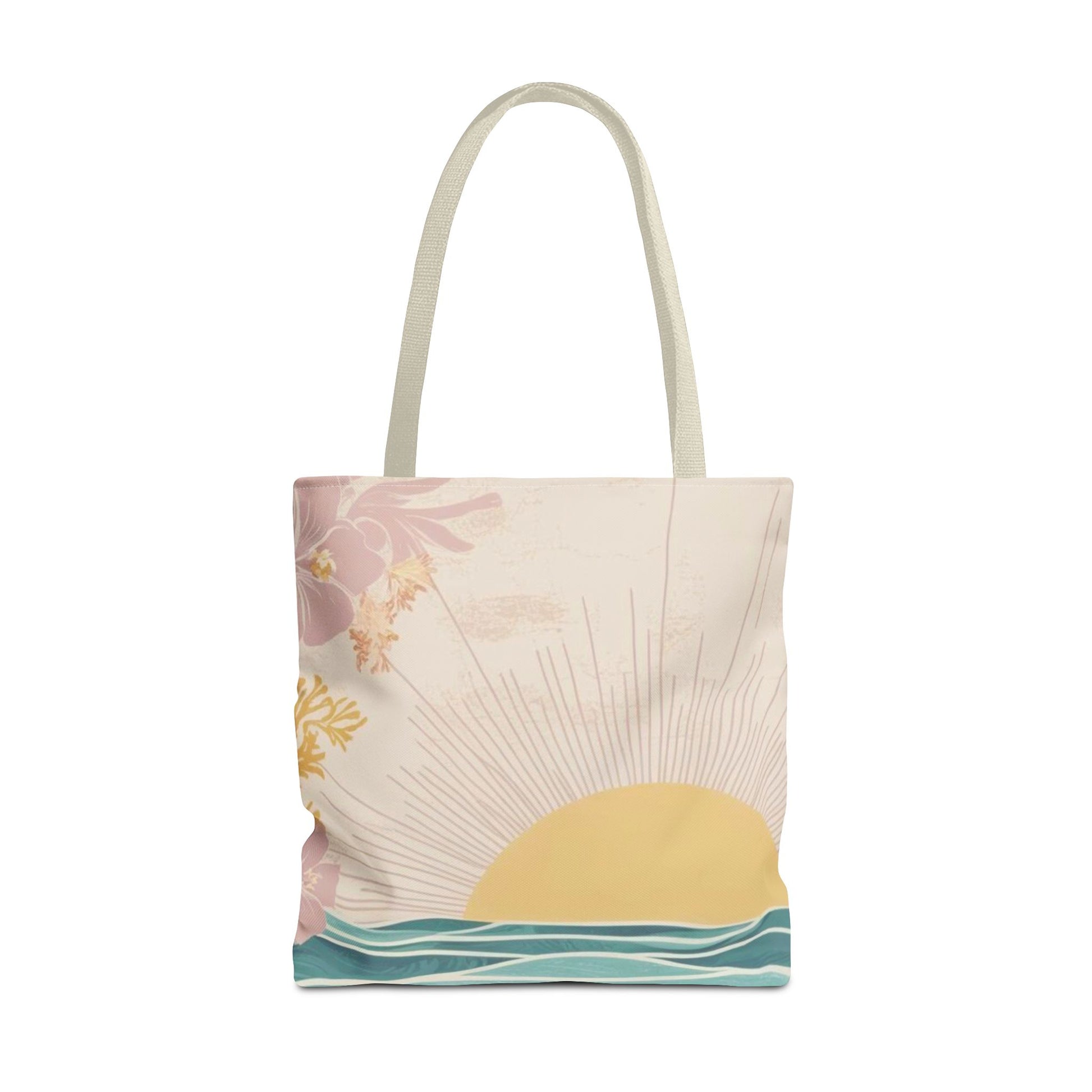 A canvas tote bag with a pastel sunset and floral print, featuring light beige fabric handles on a solid white background.