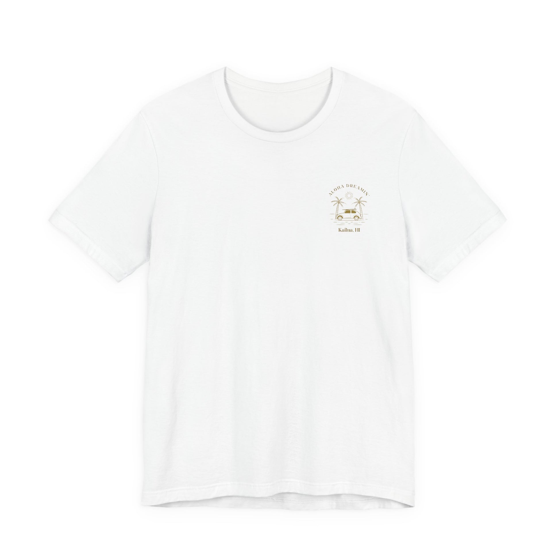A white short-sleeve t-shirt shown from the front, featuring a gold-colored retro graphic of a classic car between two palm trees with the text 'ALOHA DREAMIN'' and 'Kailua, HI' on the left chest.