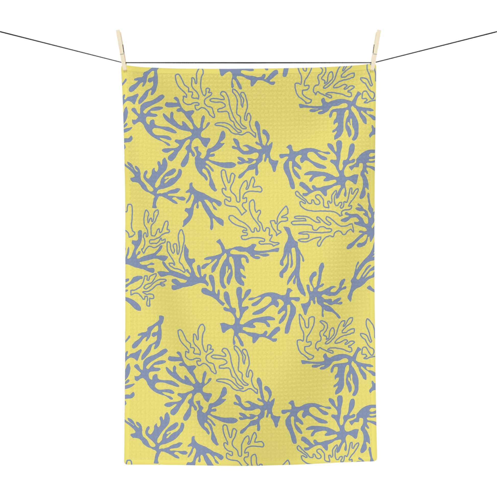 Coral Yellow and Grey microfiber kitchen towel featuring an original island-inspired coral reef pattern by Global Village Kailua.