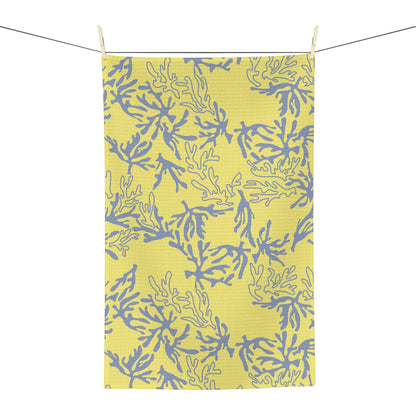 Coral Yellow and Grey microfiber kitchen towel featuring an original island-inspired coral reef pattern by Global Village Kailua.