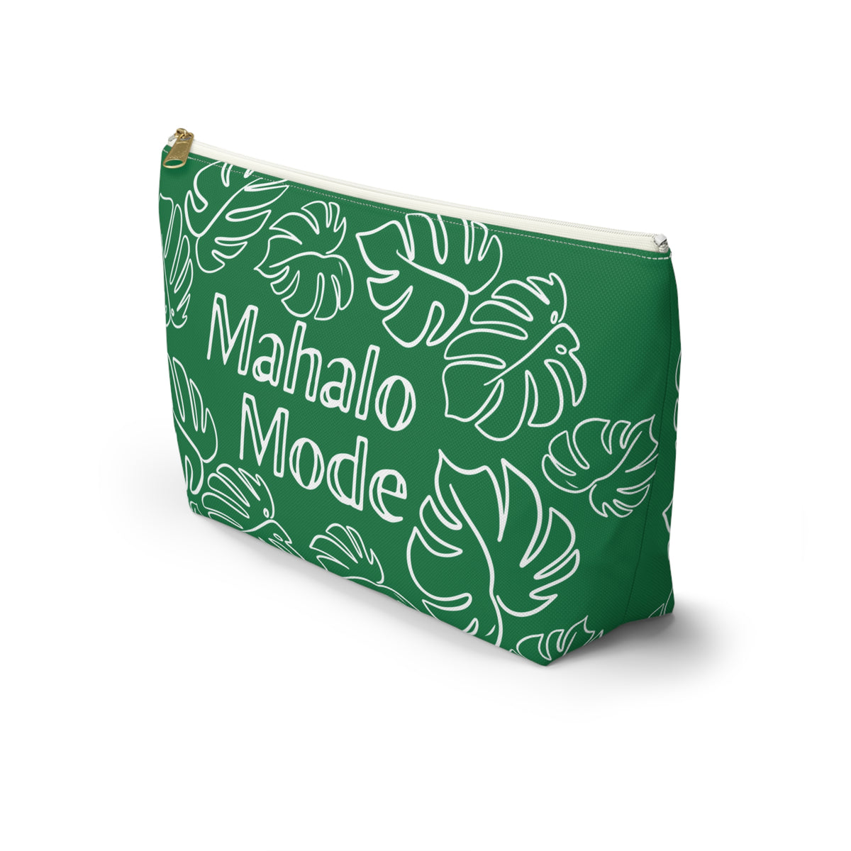 A green zippered pouch with a white tropical monstera leaf pattern and the words 'Mahalo Mode' printed on the front, shown on a clean white background.