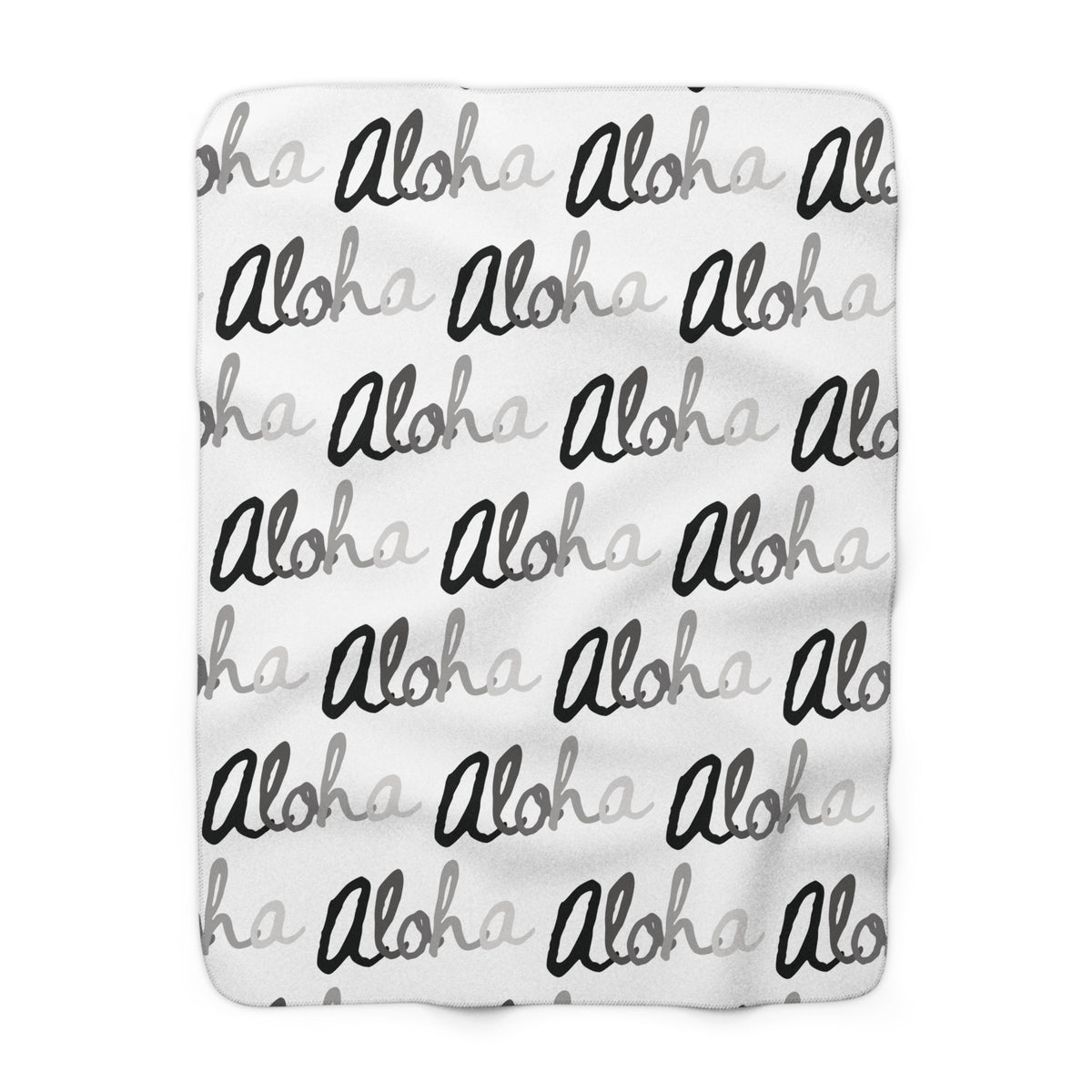 Aloha grayscale sherpa fleece blanket with a repeating black, white and gray island-inspired design.