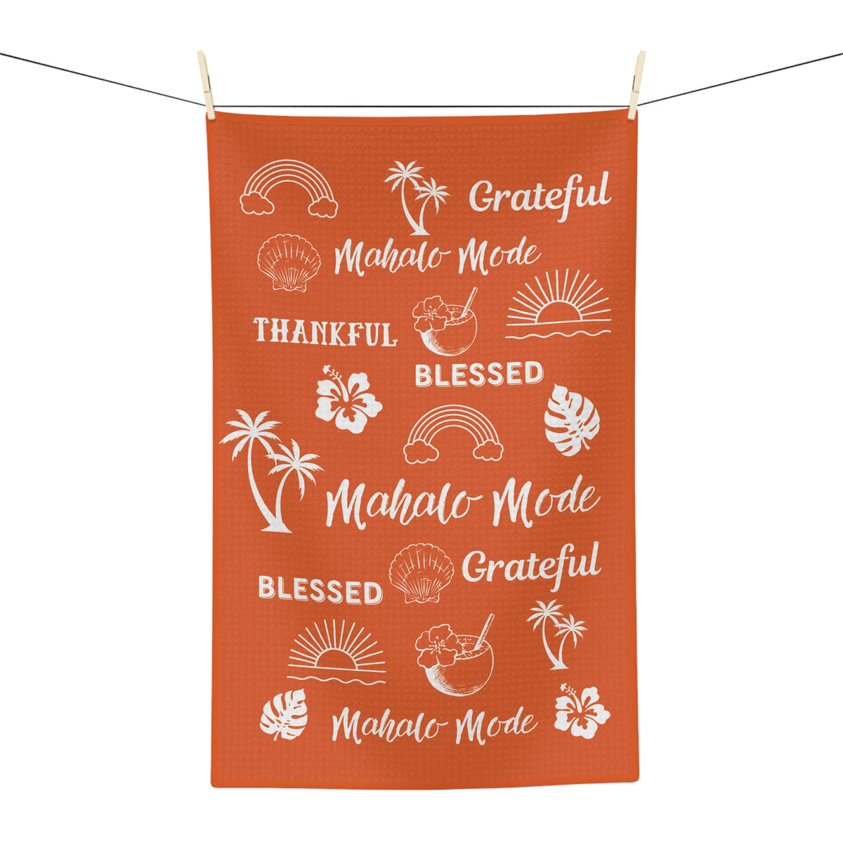 Orange Mahalo Mode kitchen towel with thankful grateful blessed and tropical island motifs
