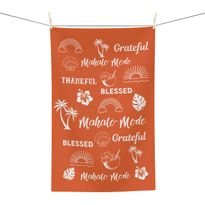 Orange Mahalo Mode kitchen towel with thankful grateful blessed and tropical island motifs