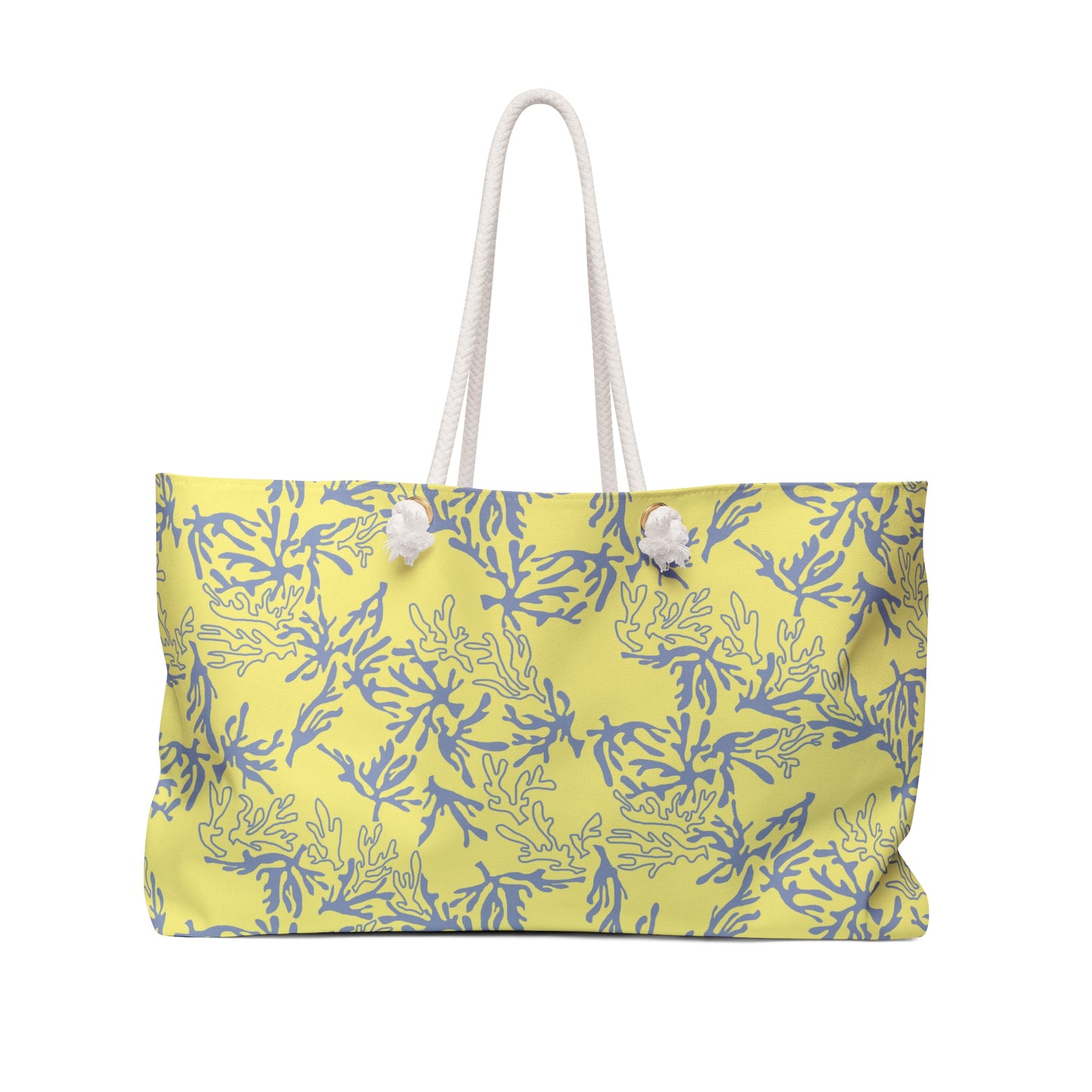 A yellow tote bag with a ocean coral pattern and white rope handles, shown against a plain white background.