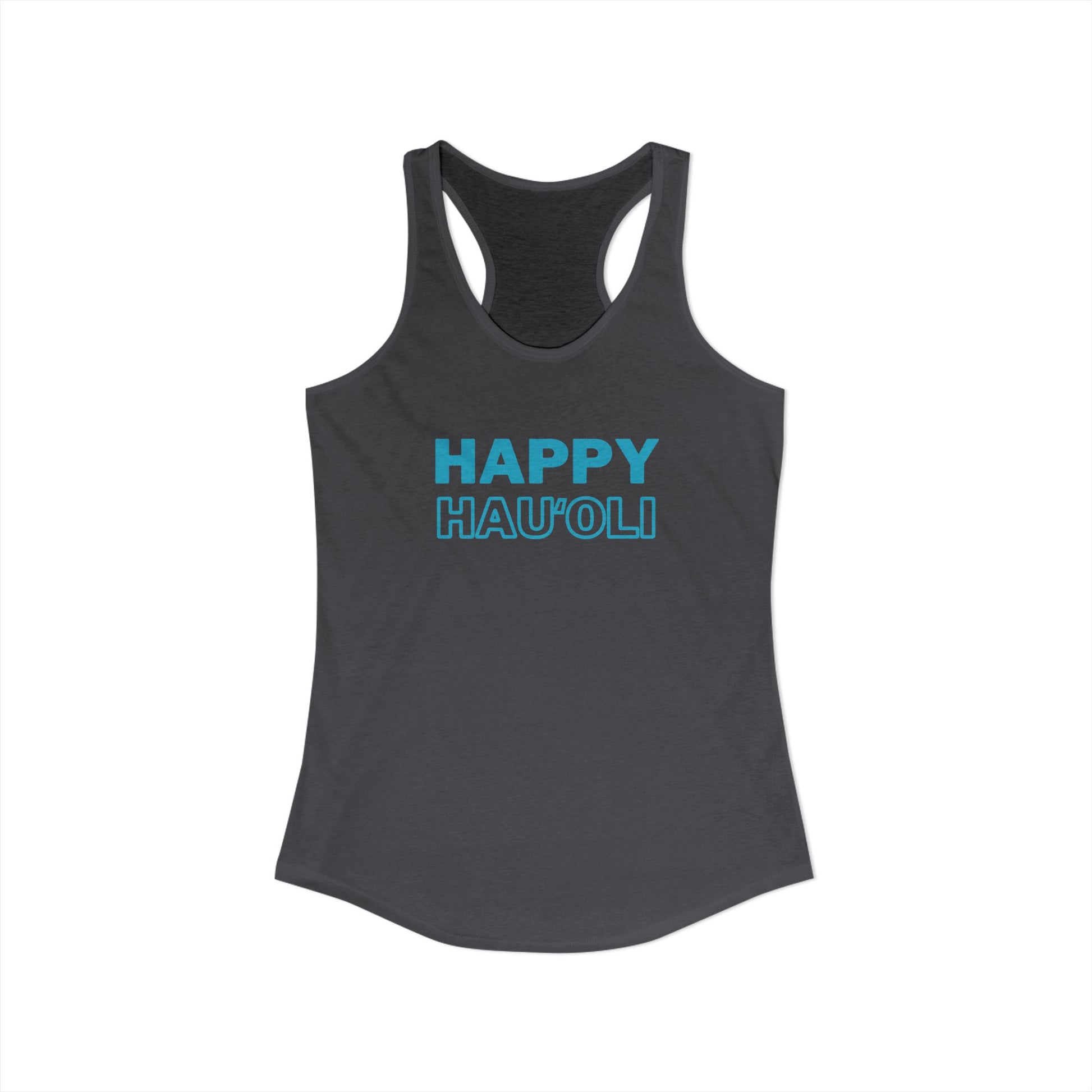Charcoal tank top with 'HAPPY HAU'OLI' text in blue on a white background
