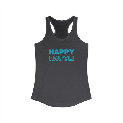 Charcoal tank top with 'HAPPY HAU'OLI' text in blue on a white background