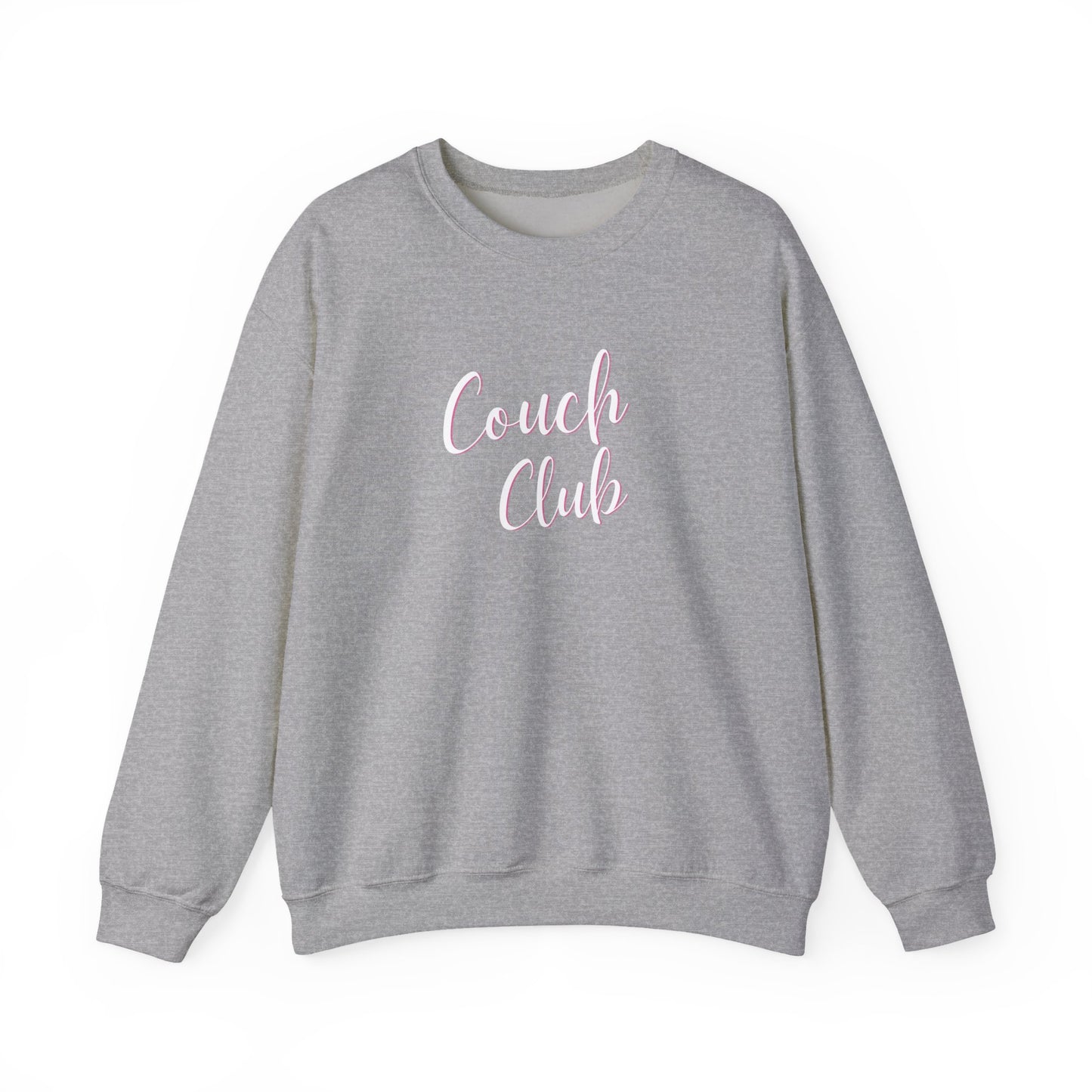 A heather gray crewneck sweatshirt featuring the words 'Couch Club' printed in a light pink cursive font on the chest, displayed against a solid white background.