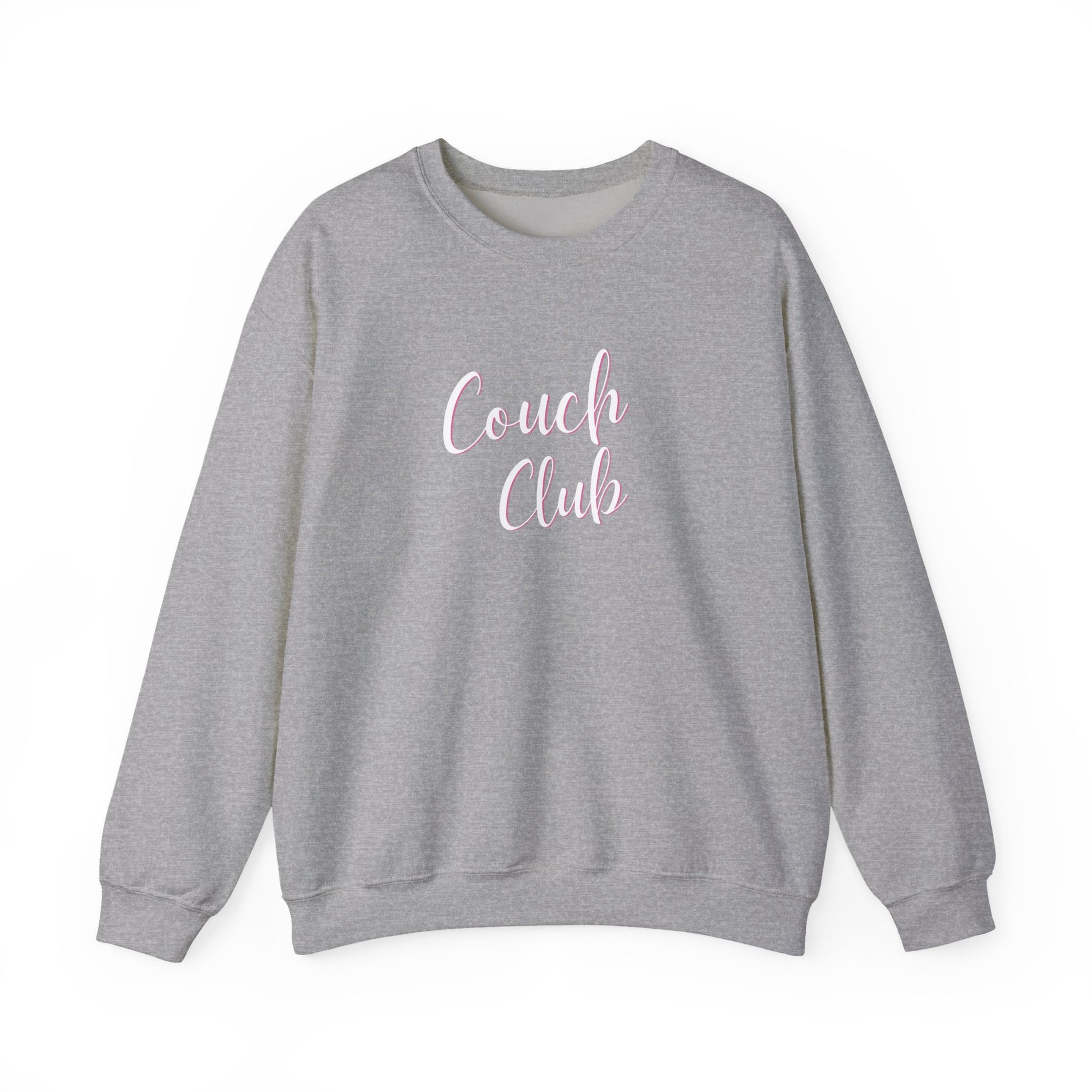 A heather gray crewneck sweatshirt featuring the words 'Couch Club' printed in a light pink cursive font on the chest, displayed against a solid white background.