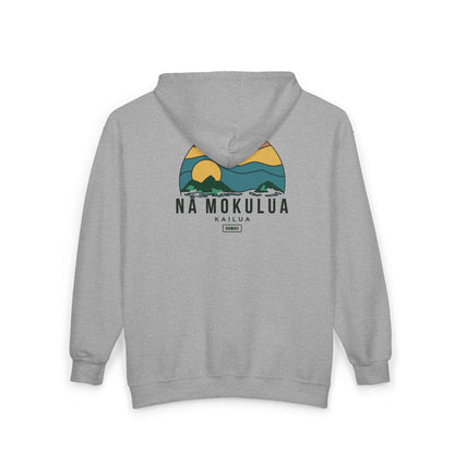Back of grey Nā Mokulua Kailua zip hoodie with large retro Mokulua Islands sunset graphic