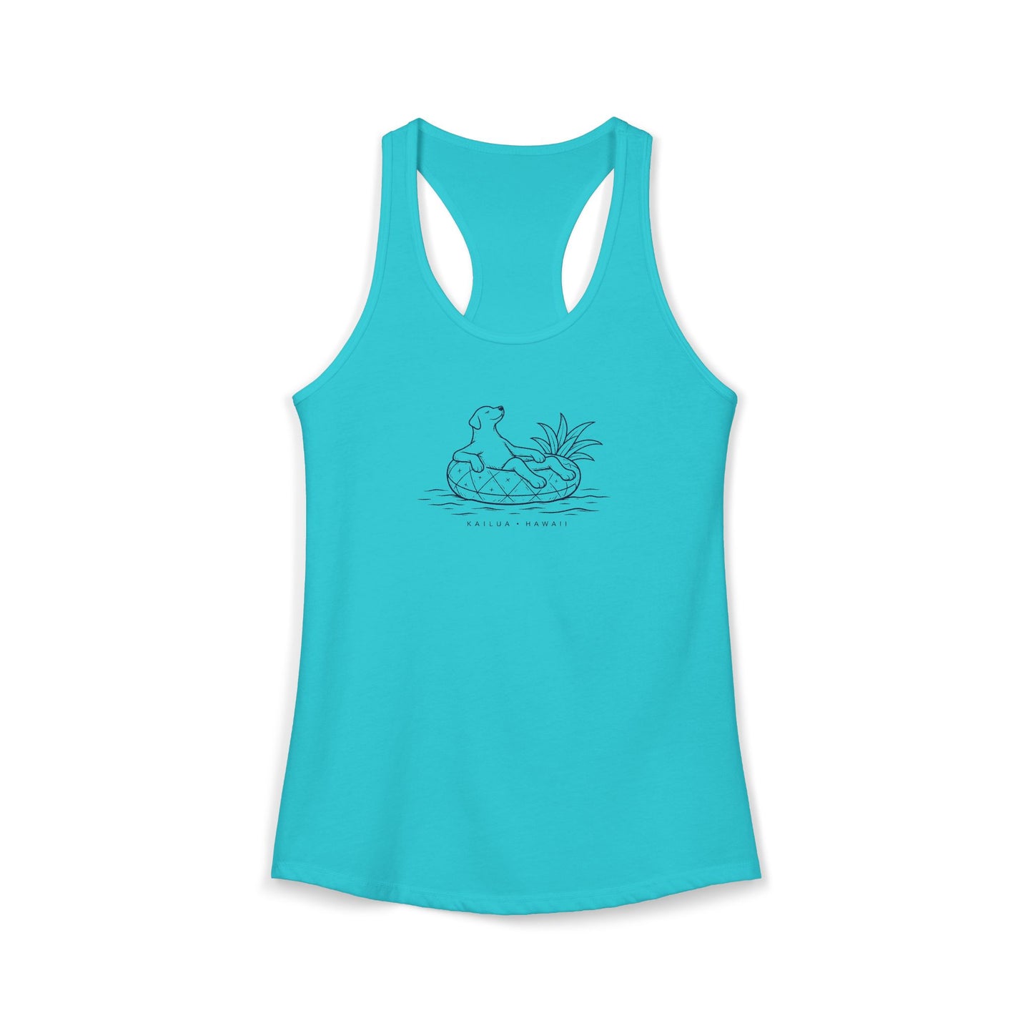 Turquoise tank top with a graphic design on a white background