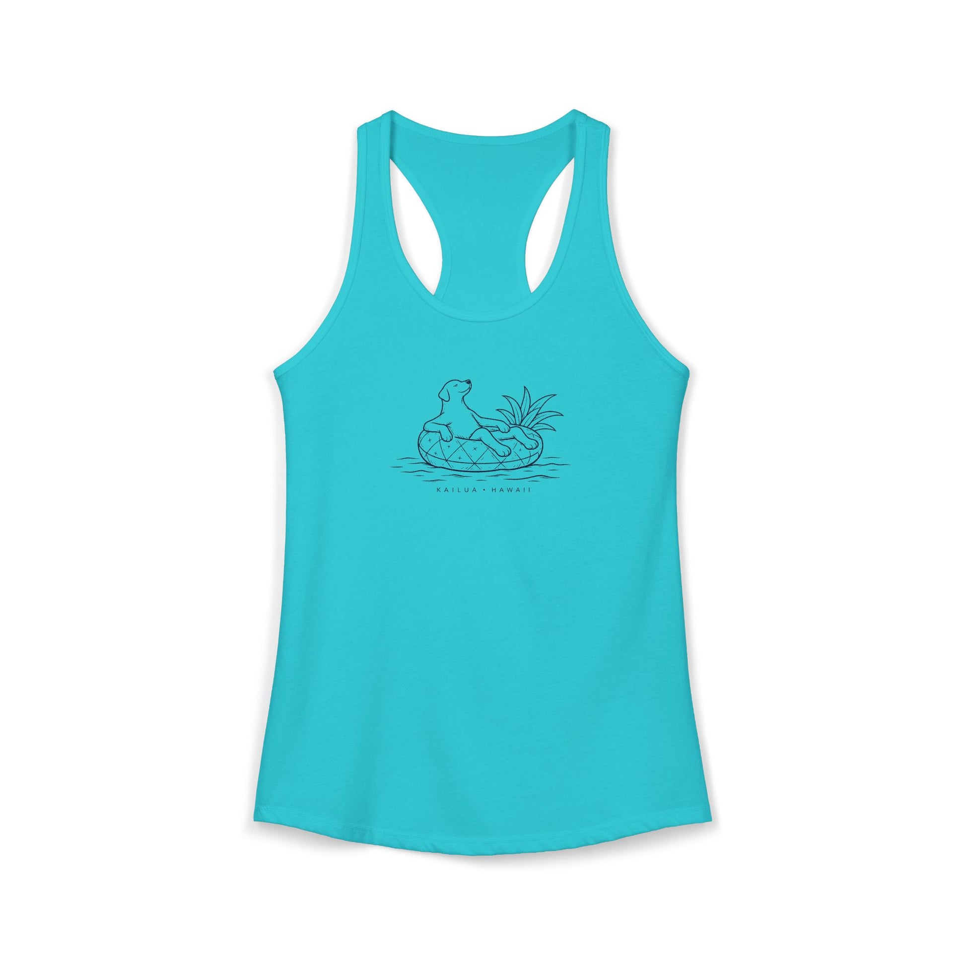 Turquoise tank top with a graphic design on a white background