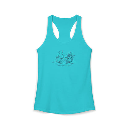 Turquoise tank top with a graphic design on a white background
