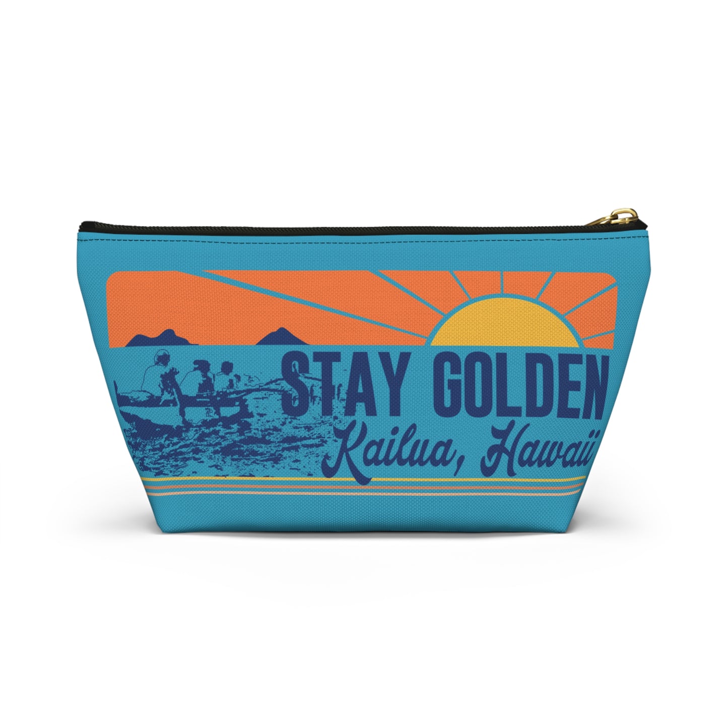 A rectangular zippered pouch with a retro sunset graphic on a turquoise blue background. The design features an orange and yellow sun, silhouettes of people in a boat, and the text 'STAY GOLDEN' and 'Kailua Hawaii'.