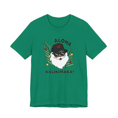 Kelly Green Santa Kalikimaka unisex T-shirt with hand-drawn Santa wearing sunglasses and throwing a shaka surrounded by tropical palm leaves.