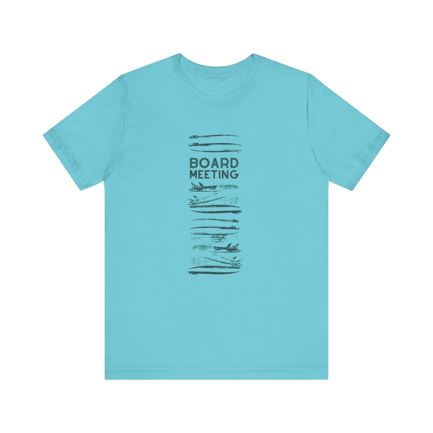 A light blue short-sleeve crewneck t-shirt with a vertical graphic on the front featuring the words 'BOARD MEETING' in dark gray text surrounded by surfboards, displayed on a solid white background.