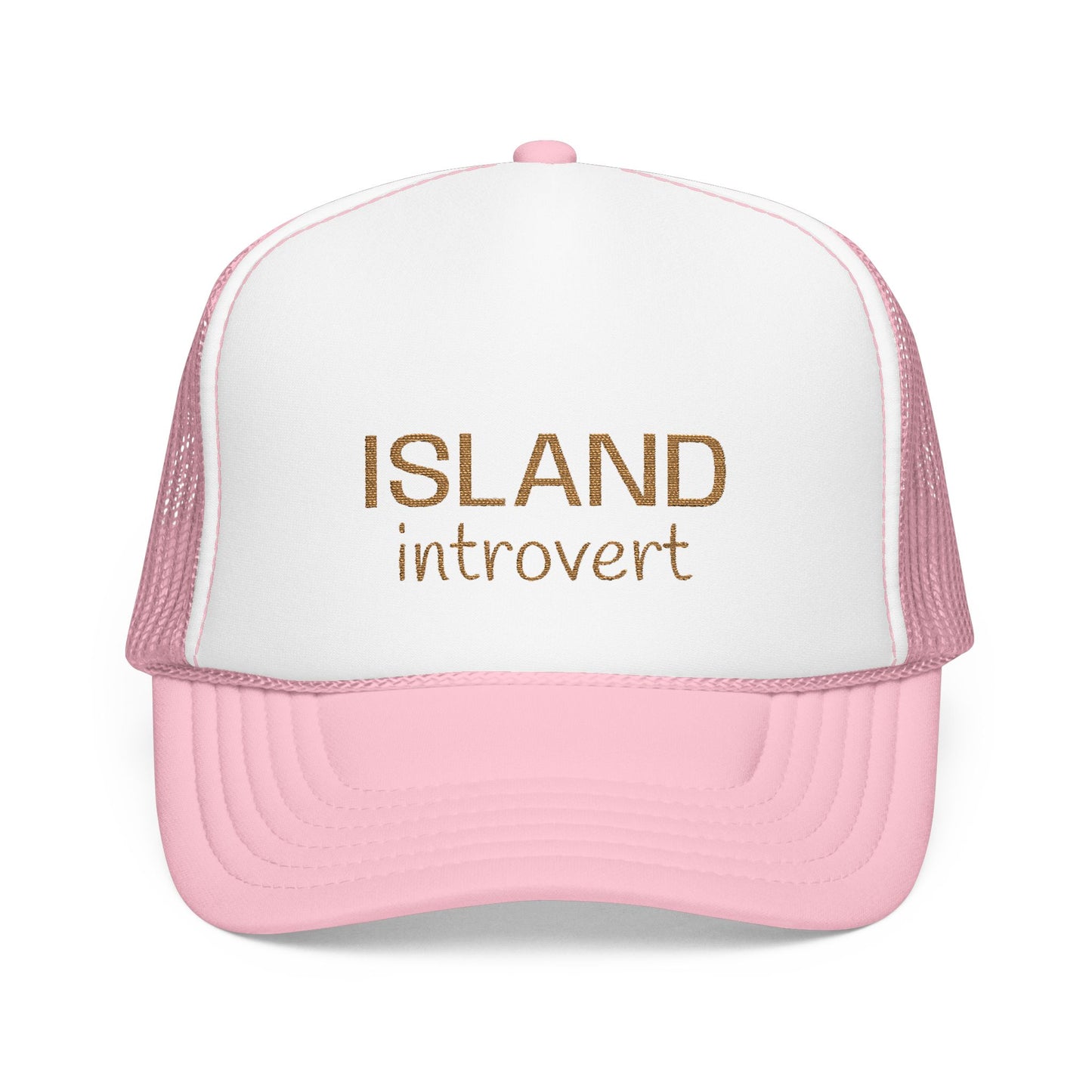 A pink and white trucker hat with the words 'ISLAND introvert' printed in brown on the front panel, shown against a plain white background.