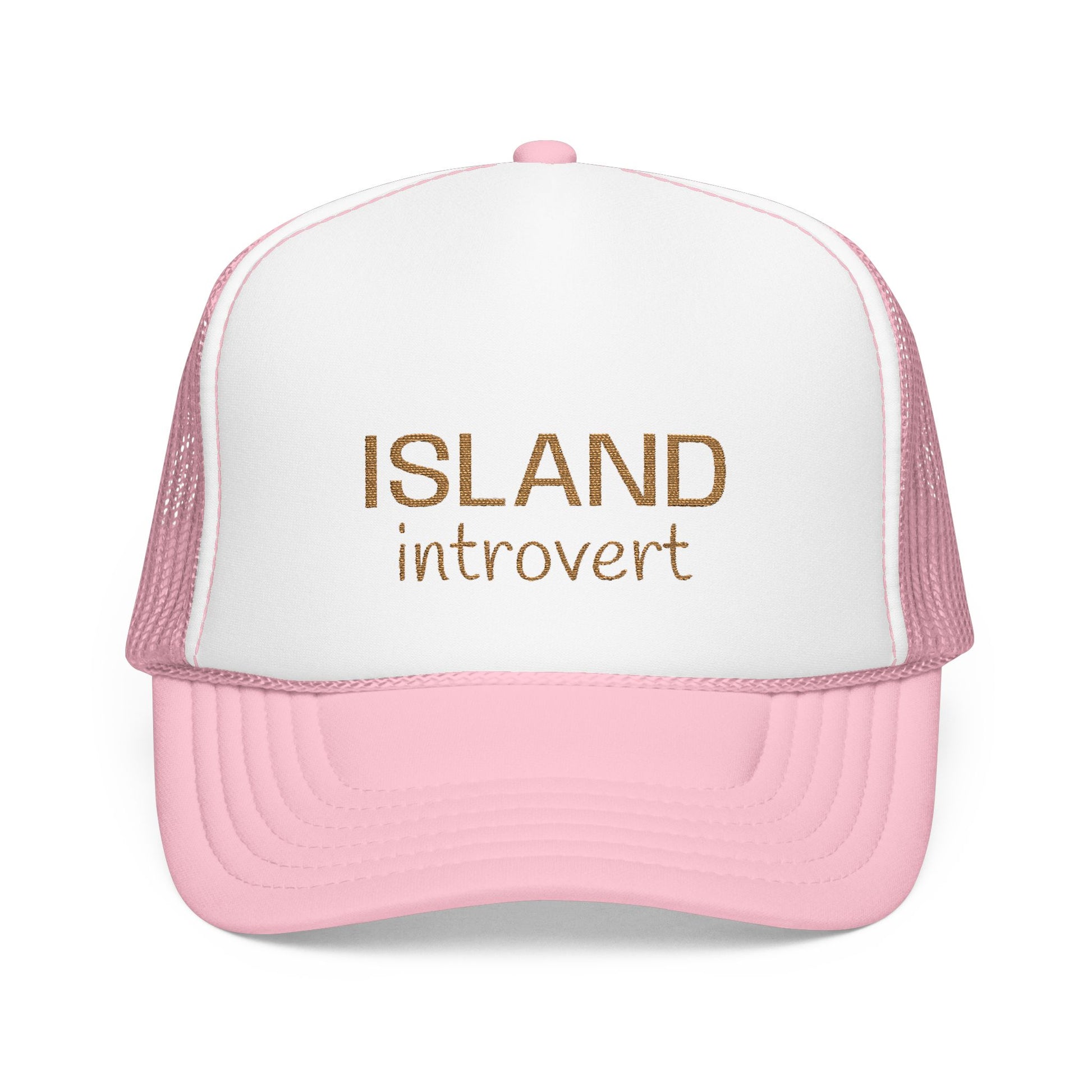 A pink and white trucker hat with the words 'ISLAND introvert' printed in brown on the front panel, shown against a plain white background.