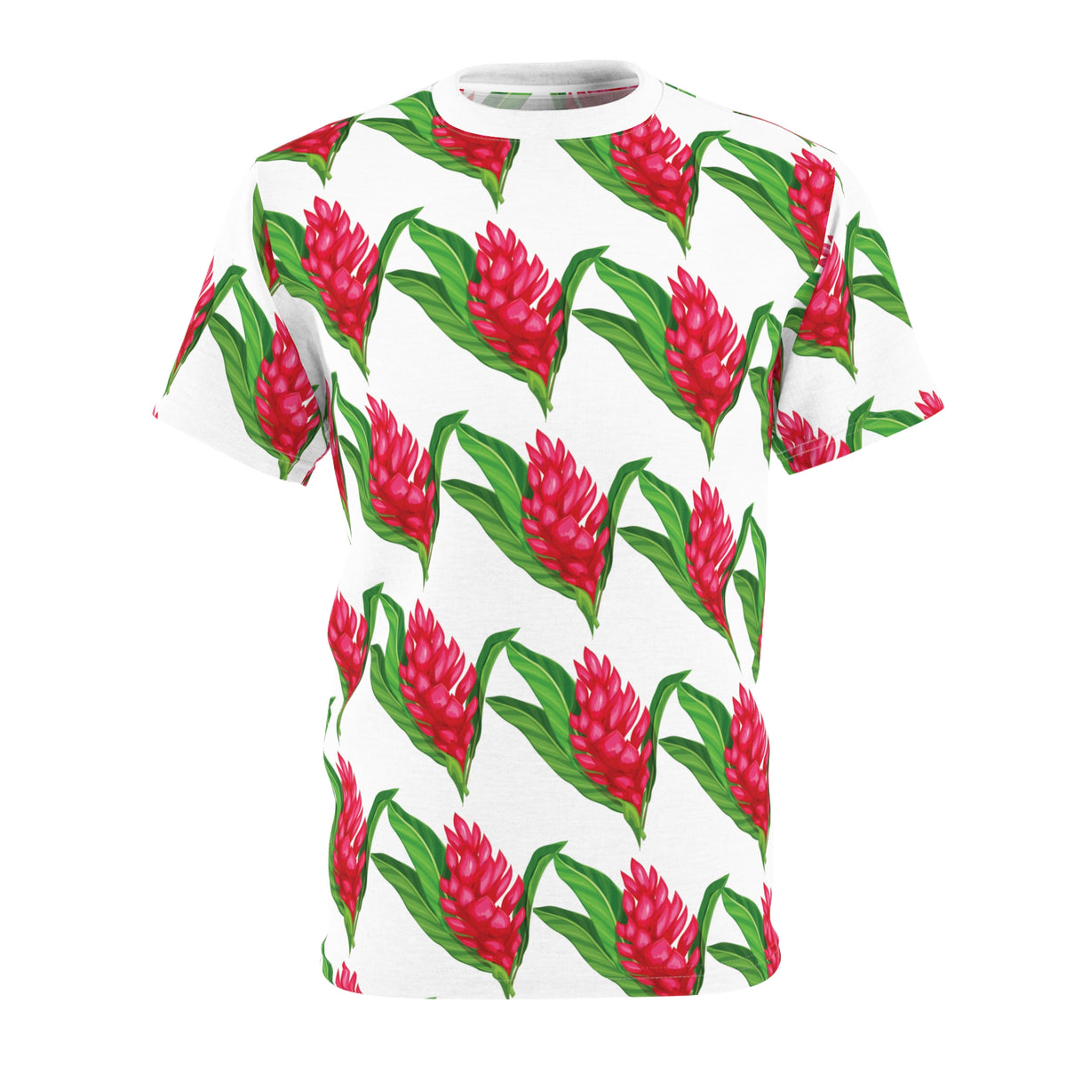 White tropical all-over print tee with bright red ginger flowers and green leaves