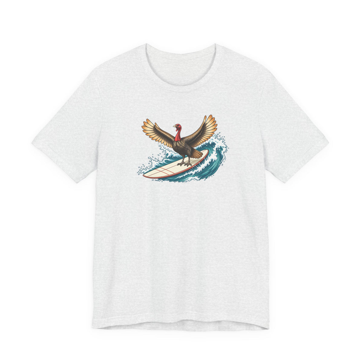 Ash color surfing turkey Thanksgiving T-shirt featuring a teal wave and vintage-inspired island artwork.