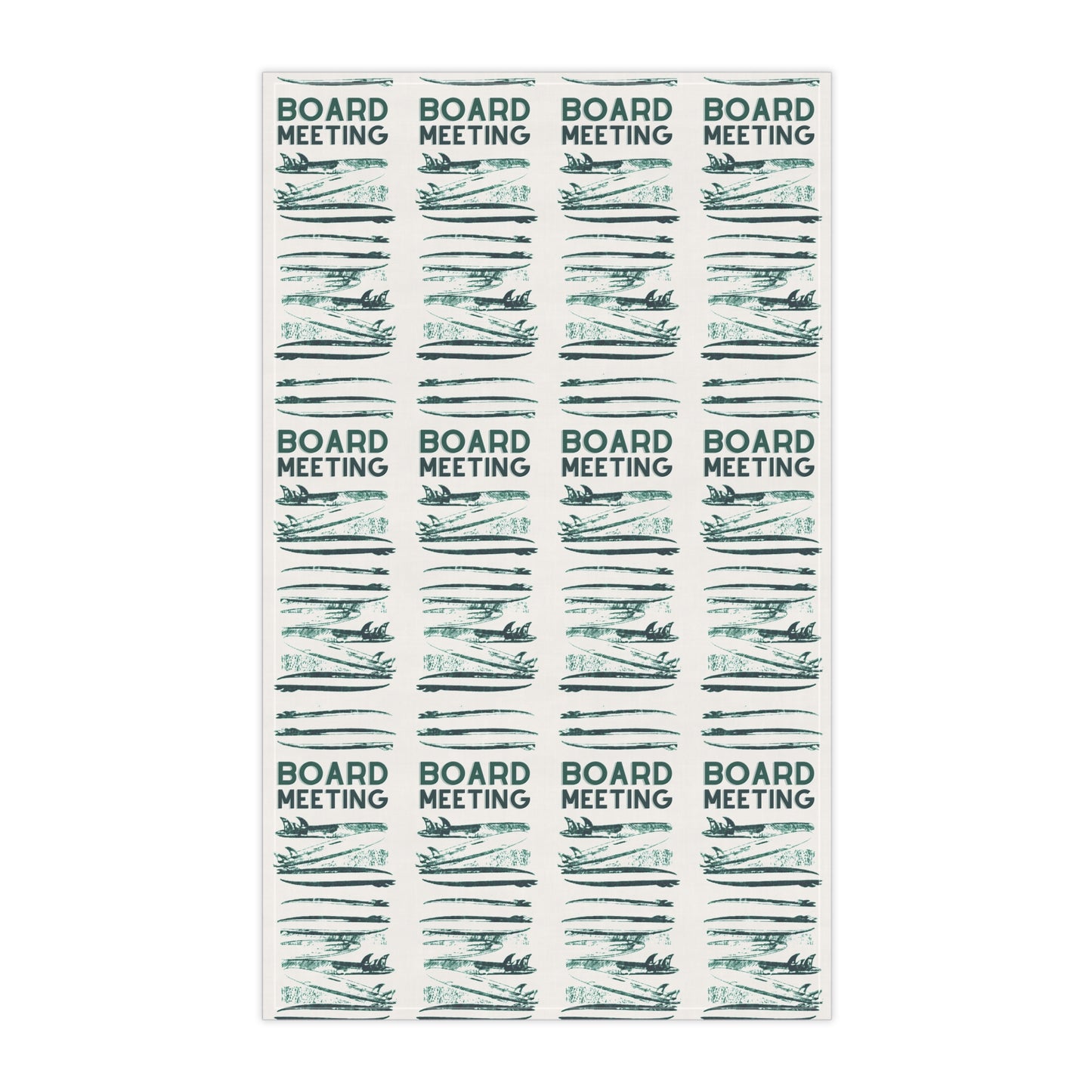 A tea towel printed with the words 'BOARD MEETING' in dark teal above a row of thin horizontal teal lines, arranged in a grid on a white background.