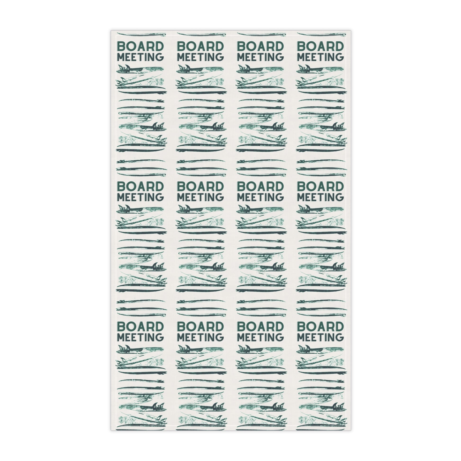 A tea towel printed with the words 'BOARD MEETING' in dark teal above a row of thin horizontal teal lines, arranged in a grid on a white background.