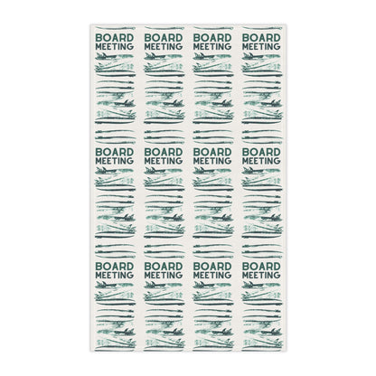 A tea towel printed with the words 'BOARD MEETING' in dark teal above a row of thin horizontal teal lines, arranged in a grid on a white background.