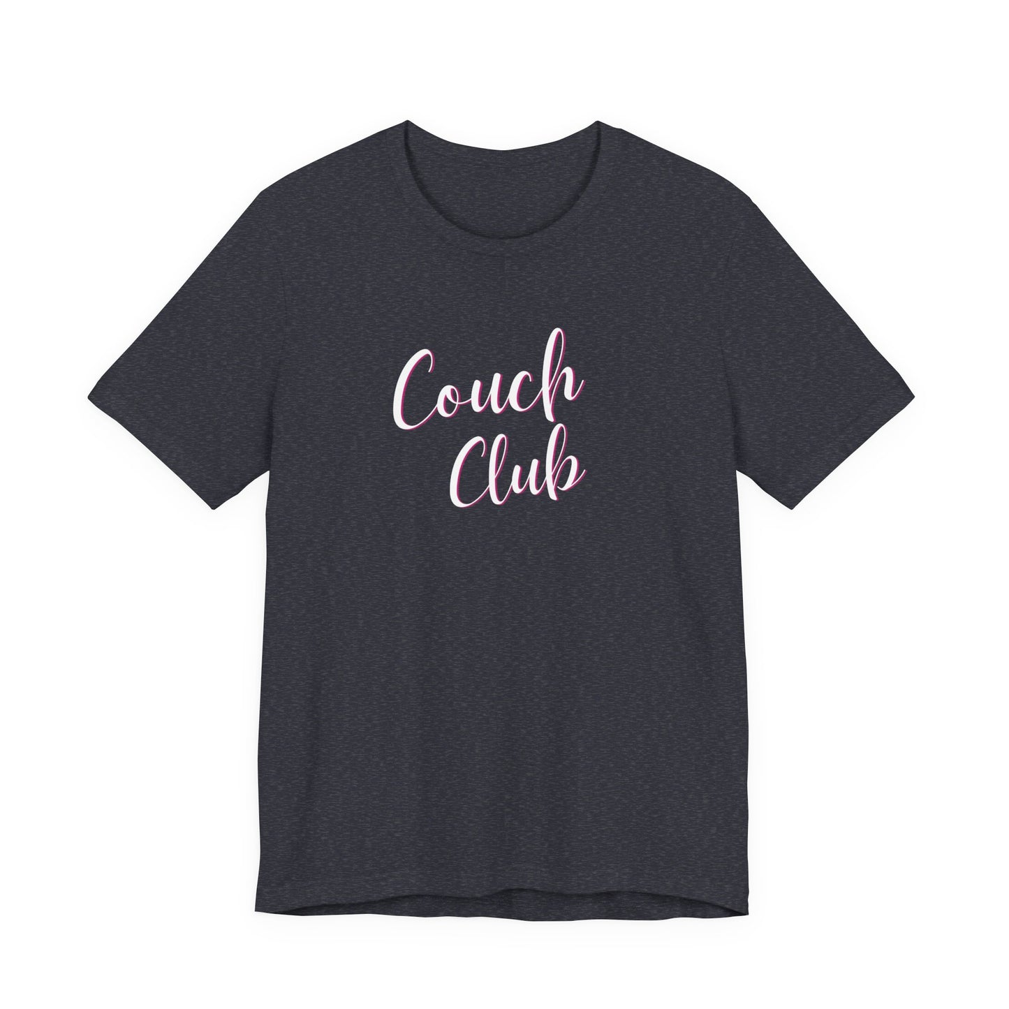 A heather navy crewneck t-shirt featuring the words 'Couch Club' printed in a pink cursive font across the chest, displayed on a solid white background.