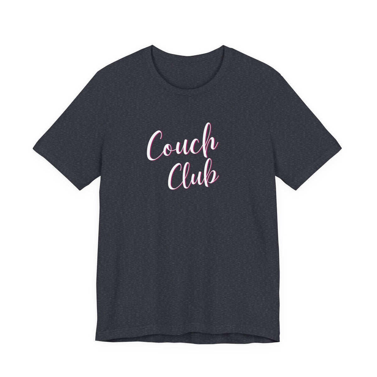 A heather navy crewneck t-shirt featuring the words 'Couch Club' printed in a pink cursive font across the chest, displayed on a solid white background.