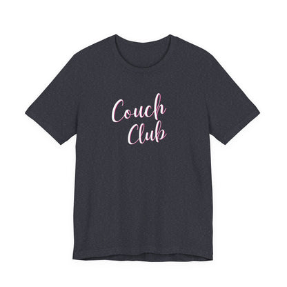 A heather navy crewneck t-shirt featuring the words 'Couch Club' printed in a pink cursive font across the chest, displayed on a solid white background.