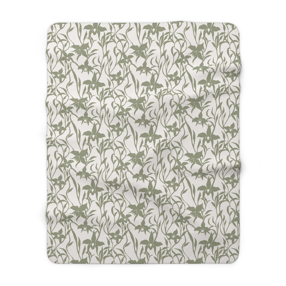 Sage green orchid-and-leaf print sherpa fleece blanket with a warm white background and rounded corners.