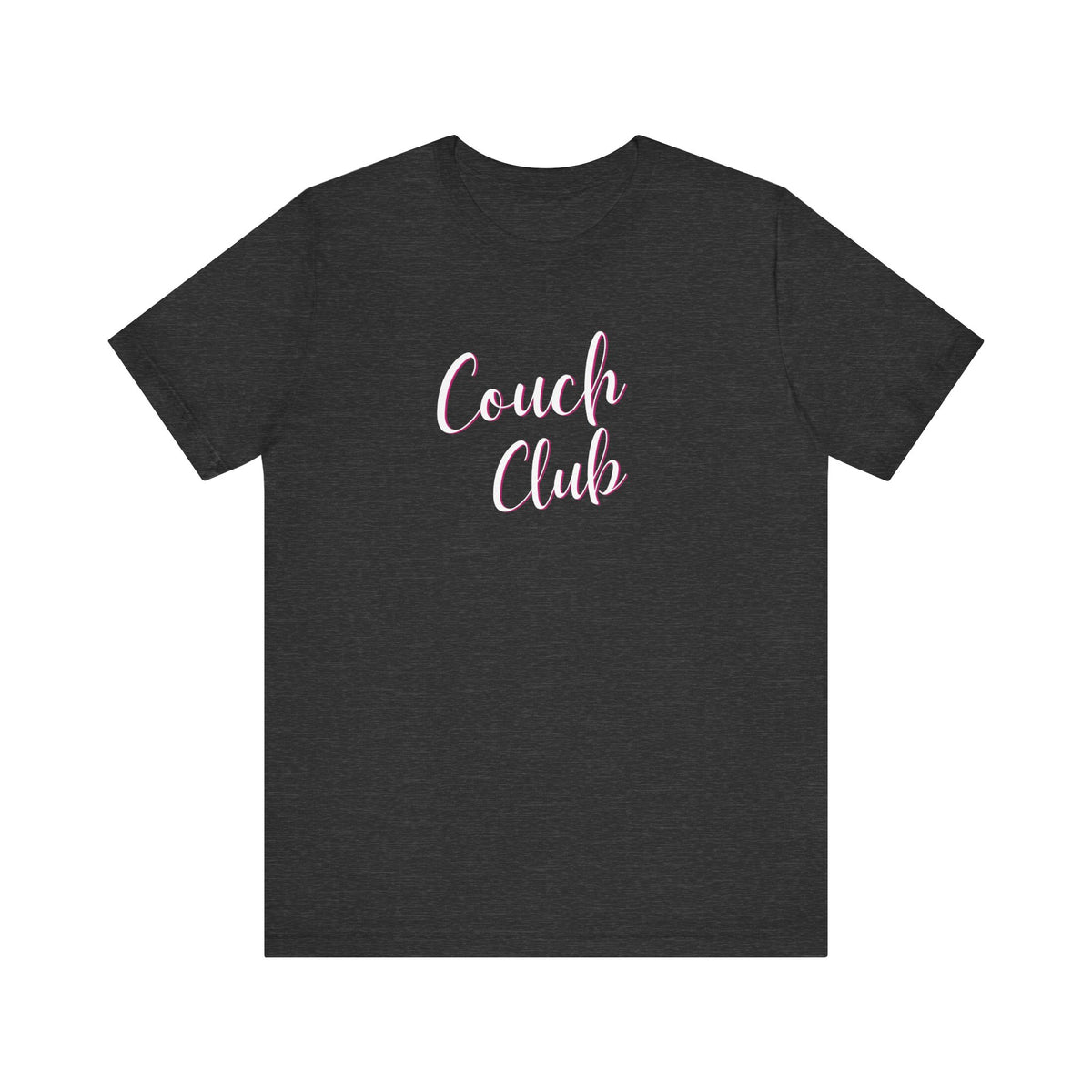 A dark heather gray crewneck t-shirt featuring the words 'Couch Club' printed in a pink cursive font across the chest, displayed on a solid white background.